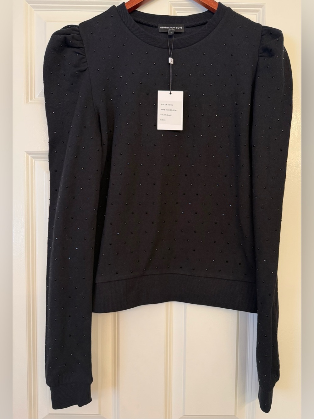 Generation Love Tara Crystal Embellished Puff Shoulder Sweatshirt Black S NWT